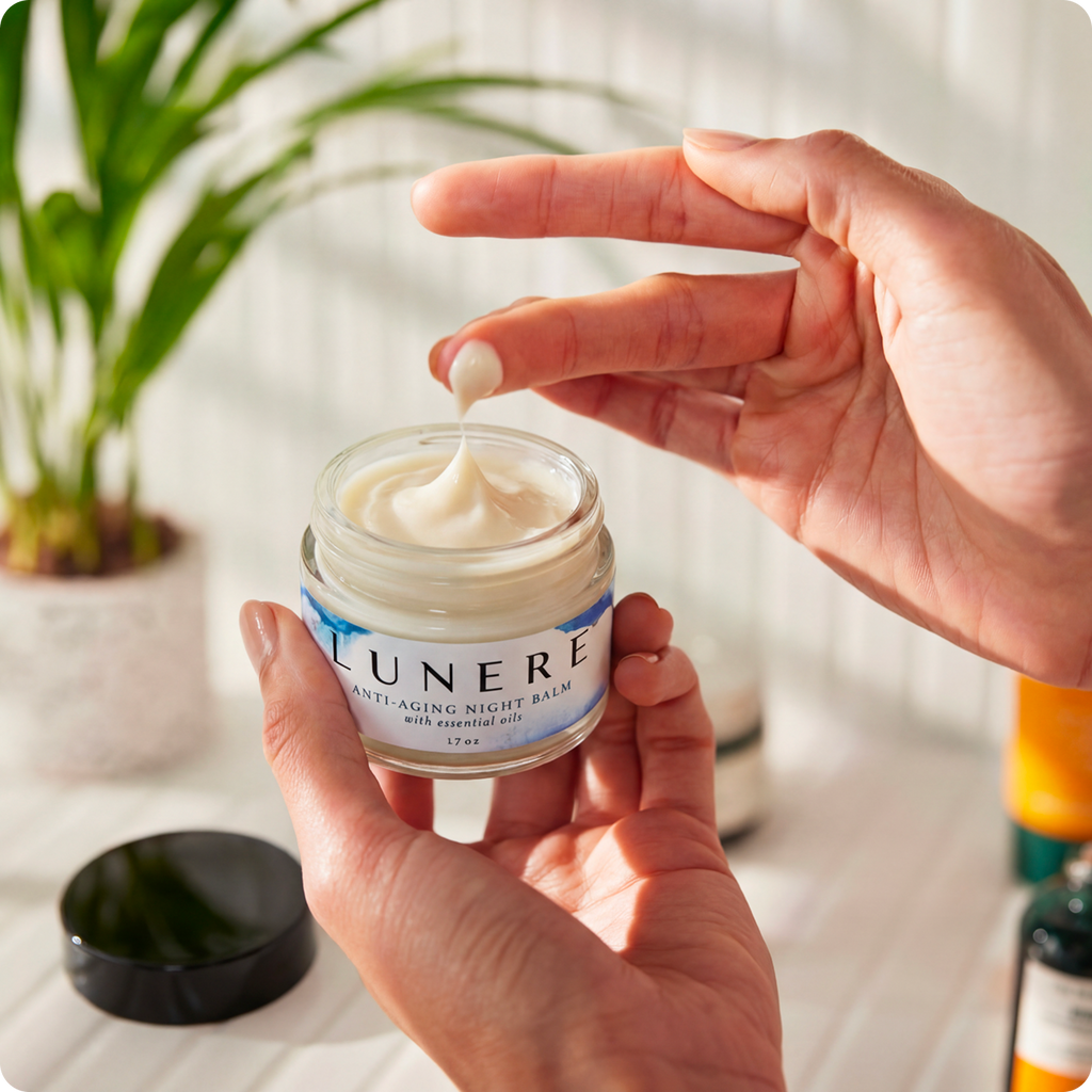 Person holding a jar of LUNERE anti-aging night balm with a plant in the background