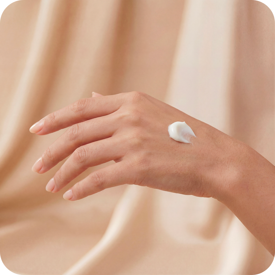 Hand applying cream on a beige background