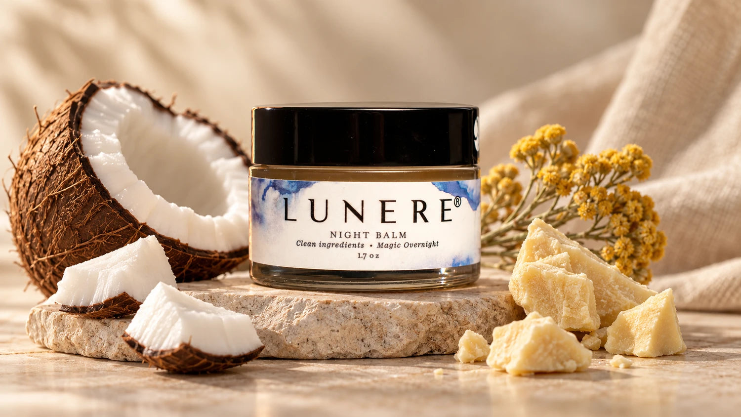 Lunere Night Balm styled with cocoa butter, coconut, and helichrysum