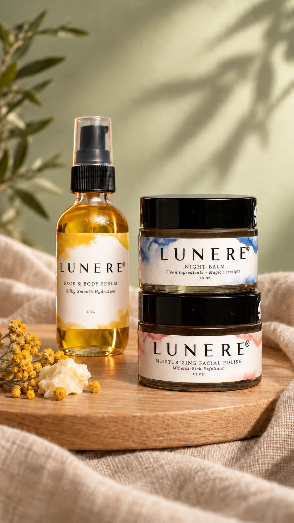 The skincare collection Shellie created, arranged with stacked jars and botanical ingredients
