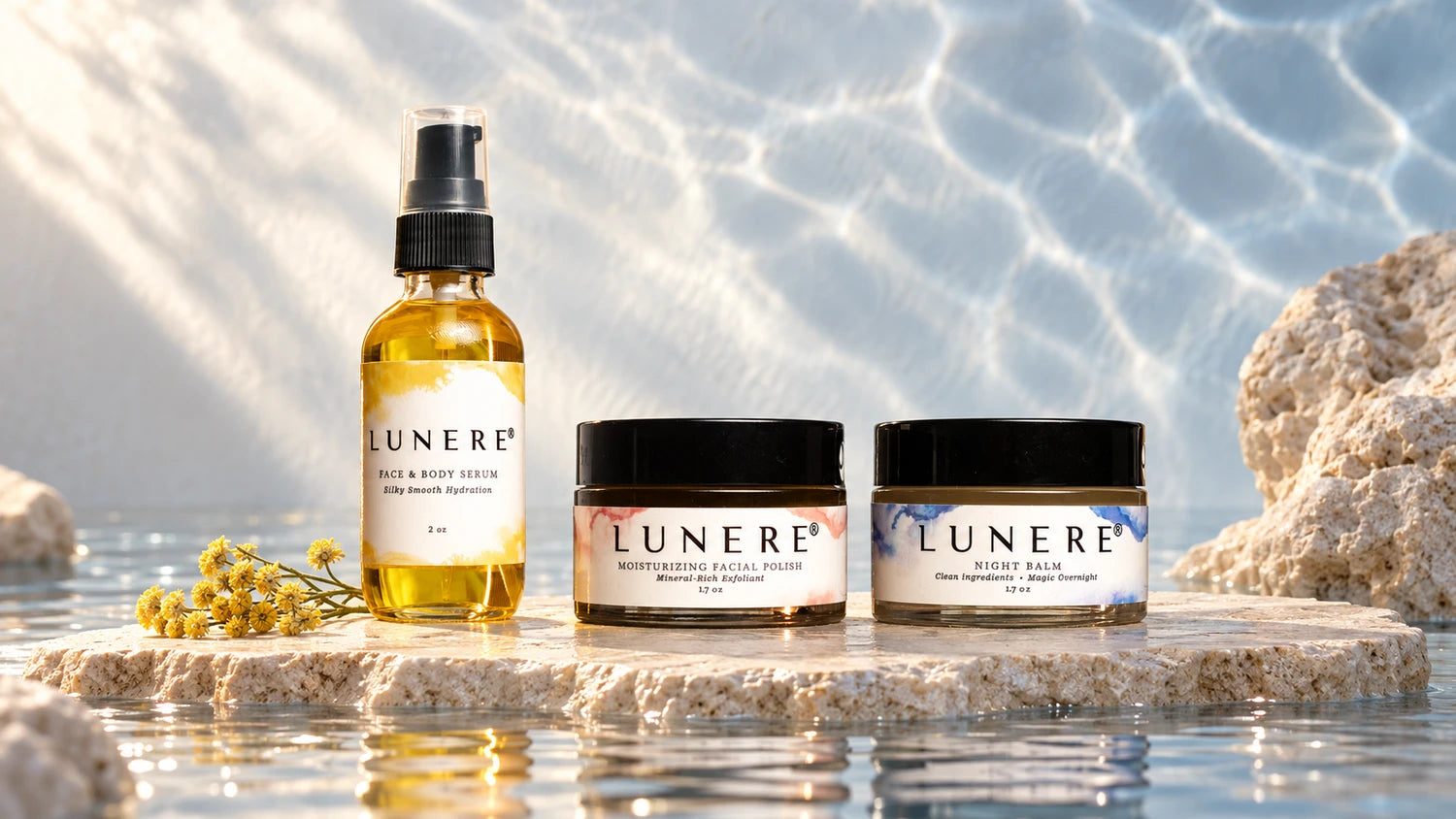 The complete Lunere collection beside reflective water and pale natural stone