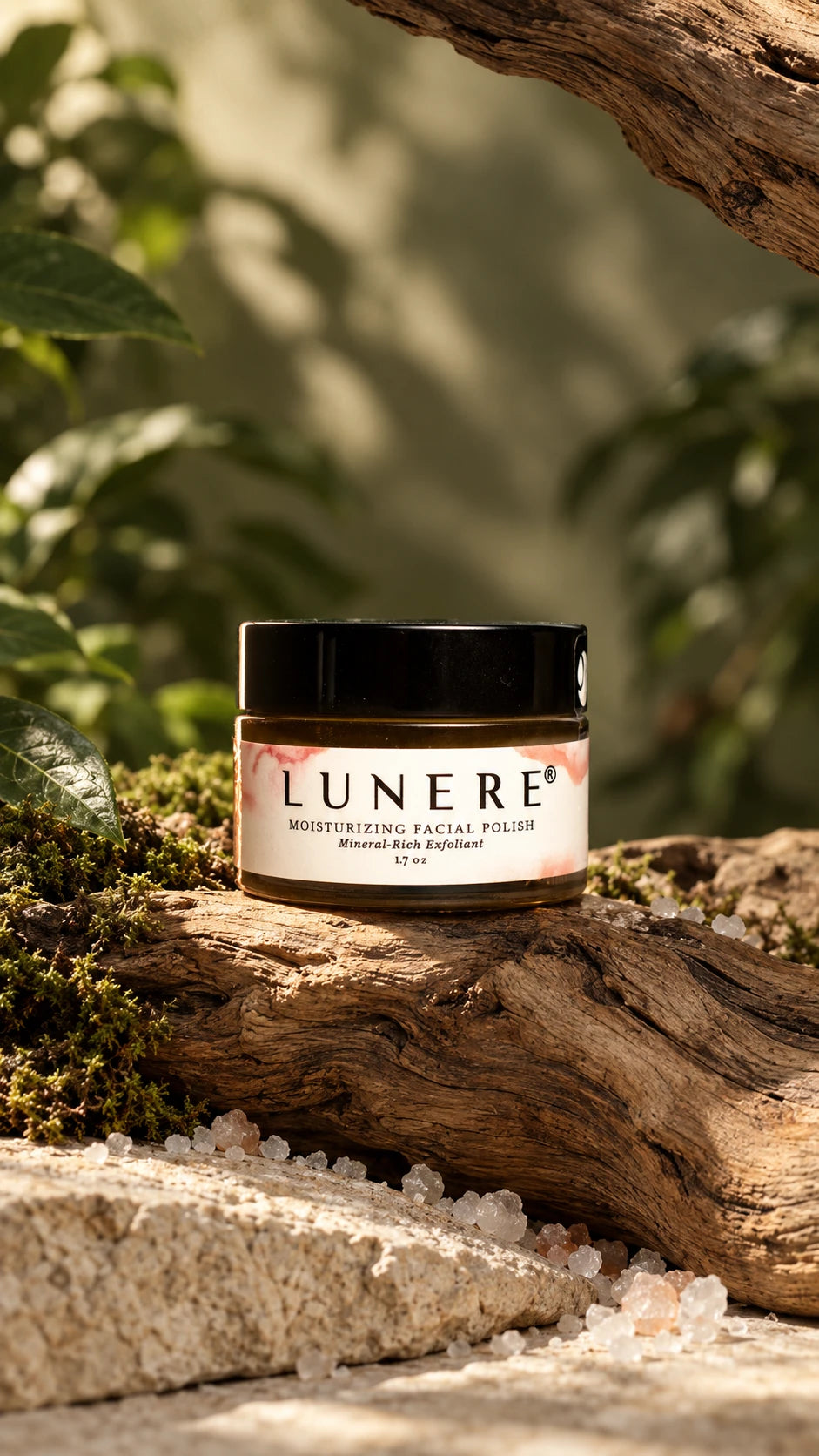 Lunere Moisturizing Facial Polish with mineral textures and sunlit foliage
