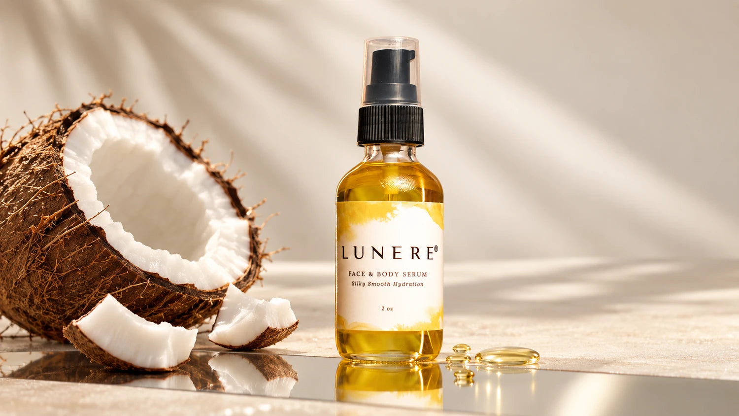 Lunere Face & Body Serum with coconut and golden oil in soft daylight