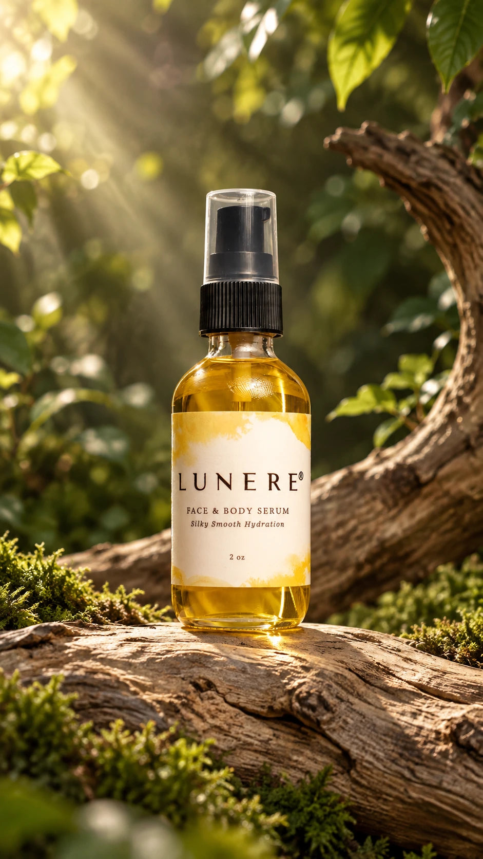 Lunere Face & Body Serum on driftwood with soft green foliage